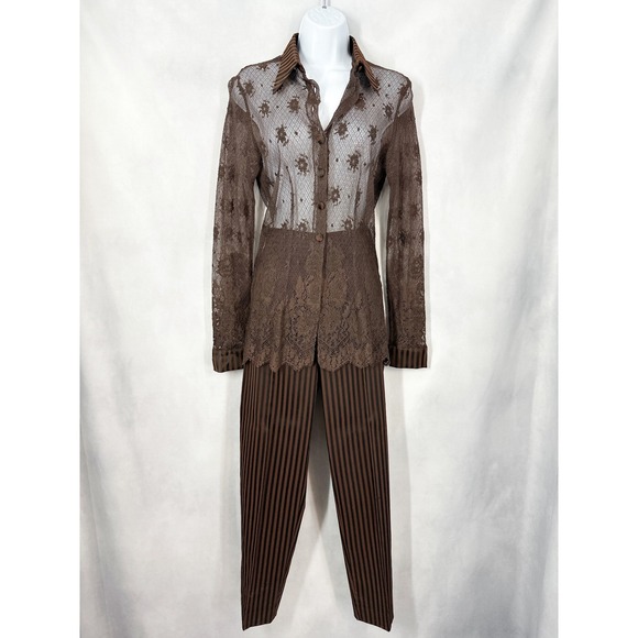 Bleu Blanc Rouge Pants - Bleu Blanc Rouge Set Brown Long Sleeve Lace Top Striped Brown Pants US Size 2